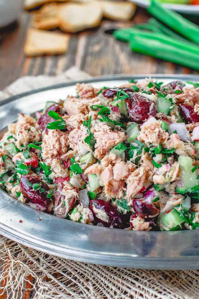 Mediterranean tuna salad in metal bowl