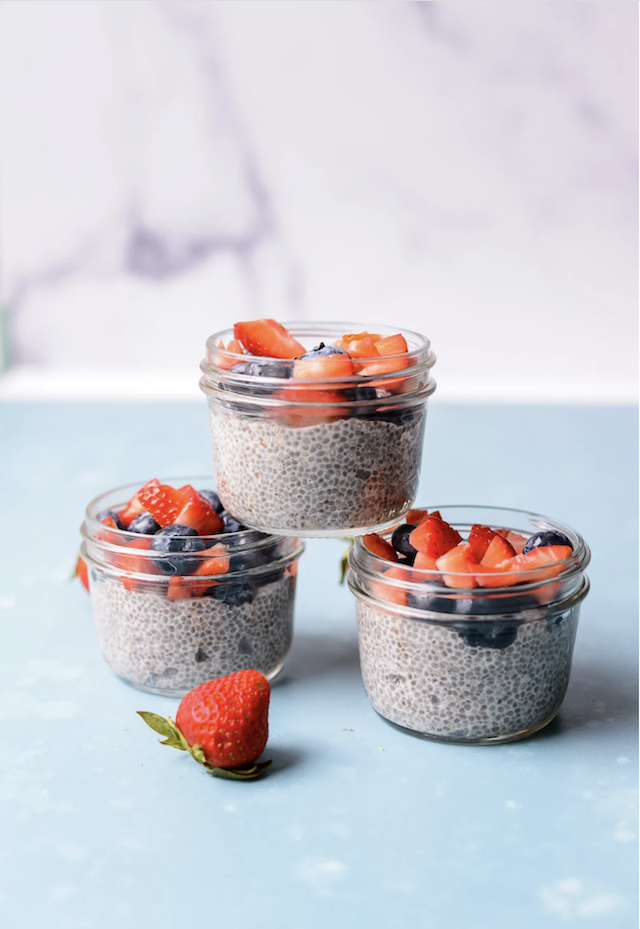 protein chia seed pudding meal prepped in three glass  jars