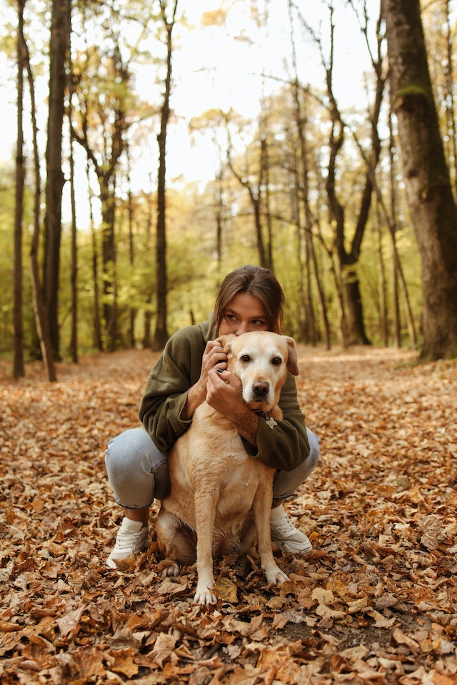 woman hugging dog on autumn day