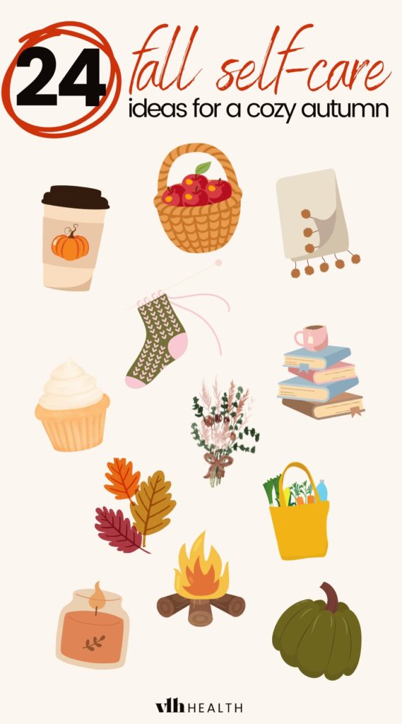 A collage of 24 fall self-care ideas for social sharing