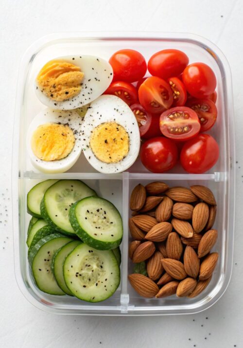 high protein lunch container with hard-boiled eggs, tomatoes, cucumber, and almonds.