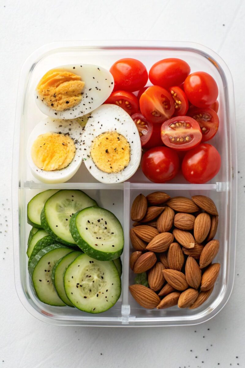 high protein lunch container with hard-boiled eggs, tomatoes, cucumber, and almonds.