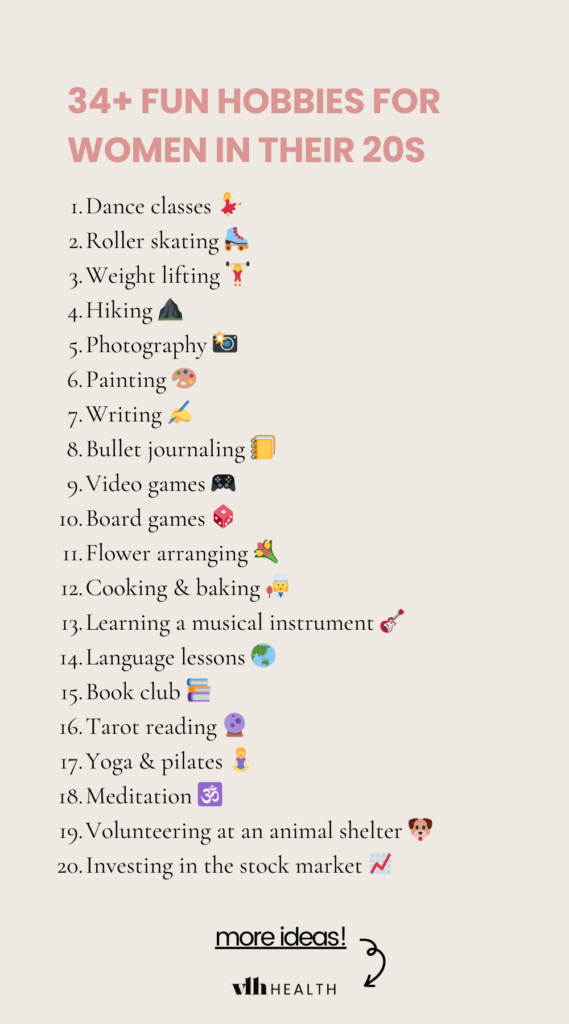 pinnable image with list of 20 fun hobbies for women in their 20s