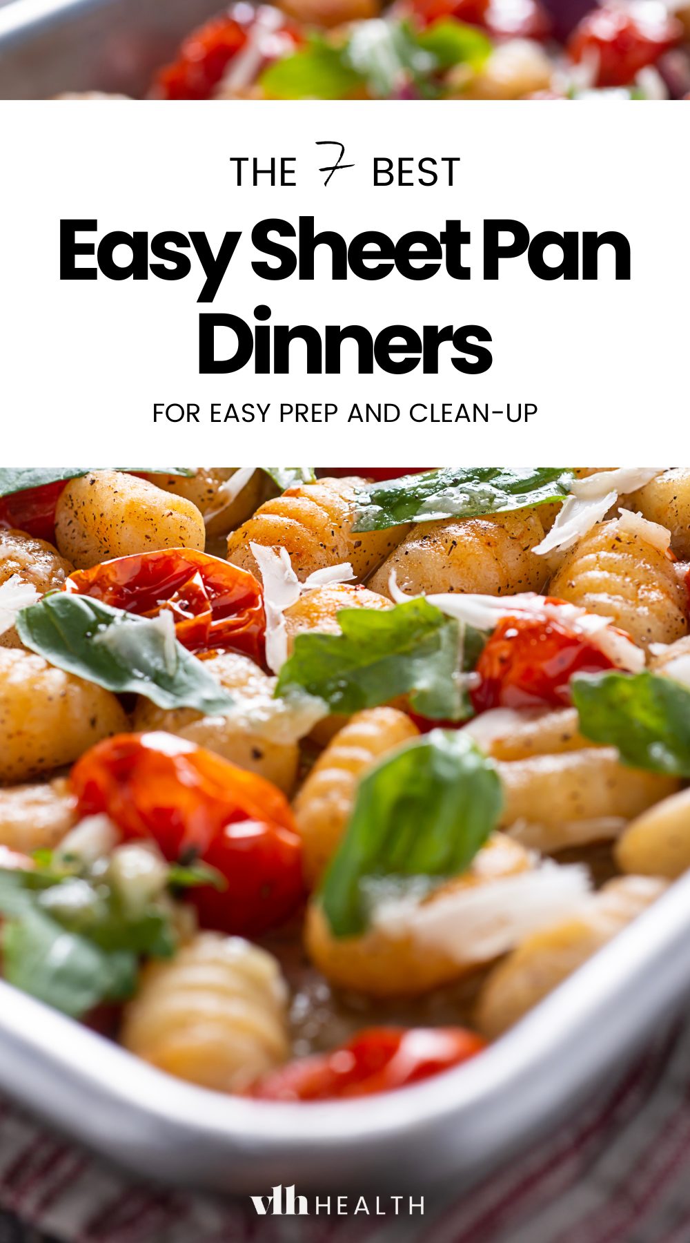 Top-down view of a high protein meal prep idea featuring a colorful sheet pan meal with roasted gnocchi, cherry tomatoes, fresh basil, and parmesan, perfect for meal prep food.