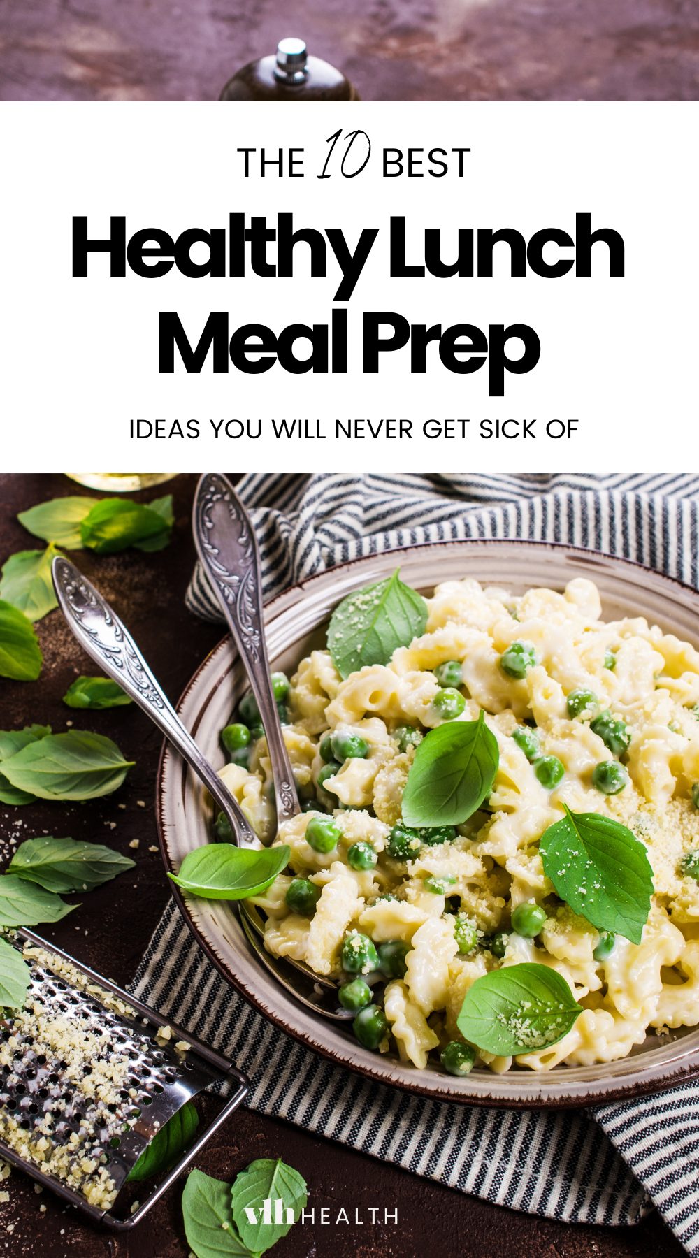 A healthy meal prep idea with creamy pasta, peas, and fresh basil, plated for a high protein diet meal prep recipe."