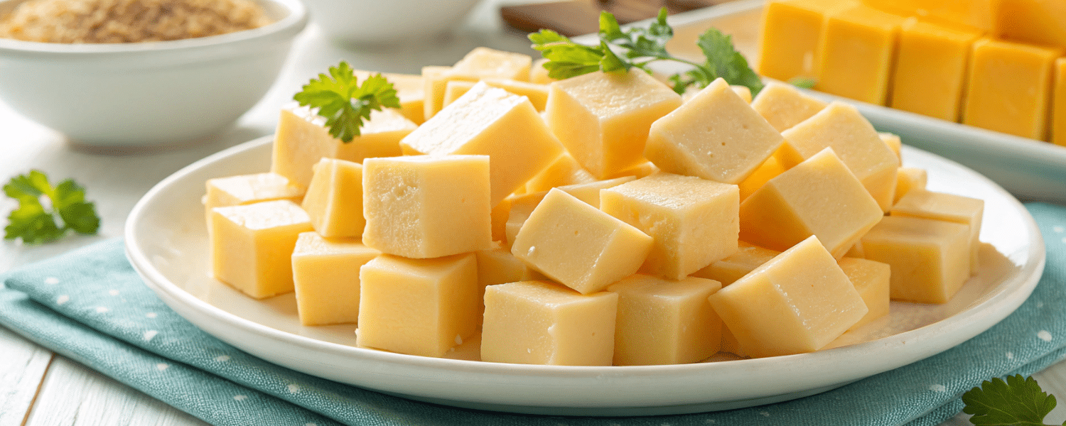 Diced cheese cubes on a plate – a delicious high-protein snack option.