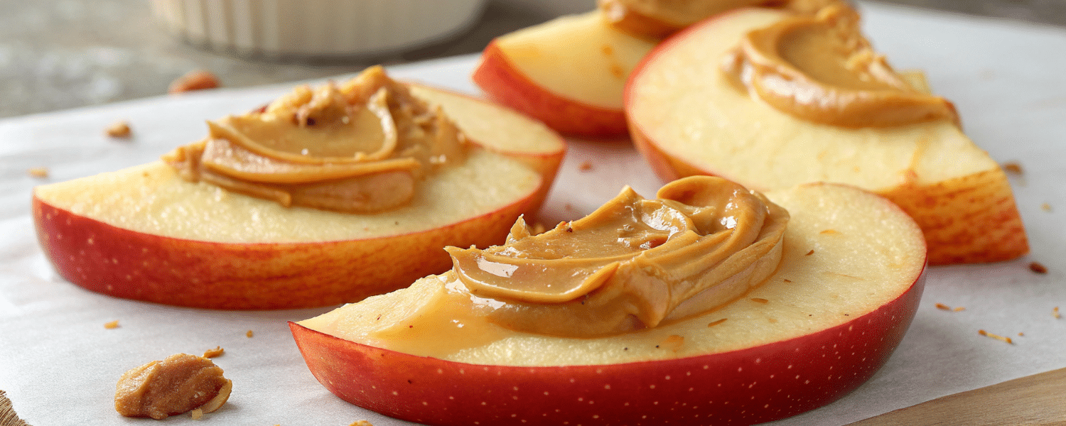 Crisp apple slices topped with peanut butter – a sweet and high-protein snack.