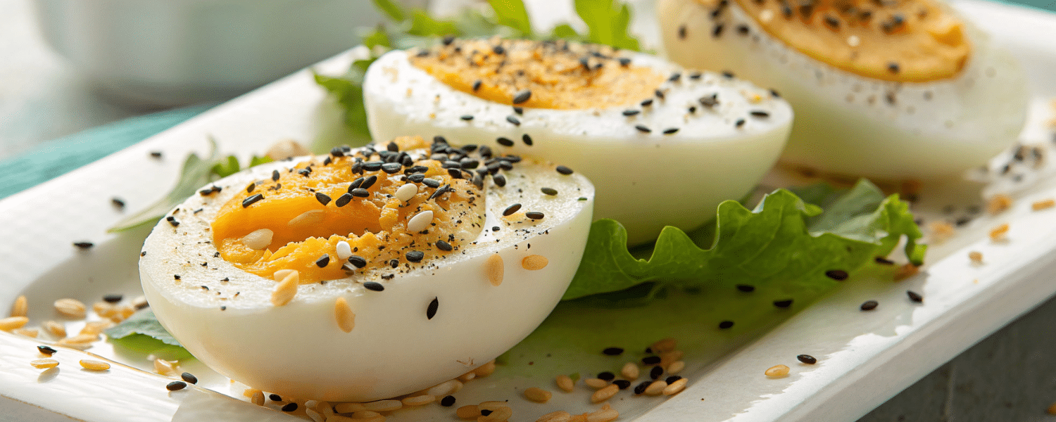 Sliced hard-boiled eggs topped with sesame seeds – a simple high-protein snack.