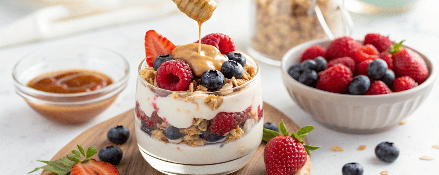 A yogurt parfait layered with granola, berries, and peanut butter – a delicious high-protein snack.