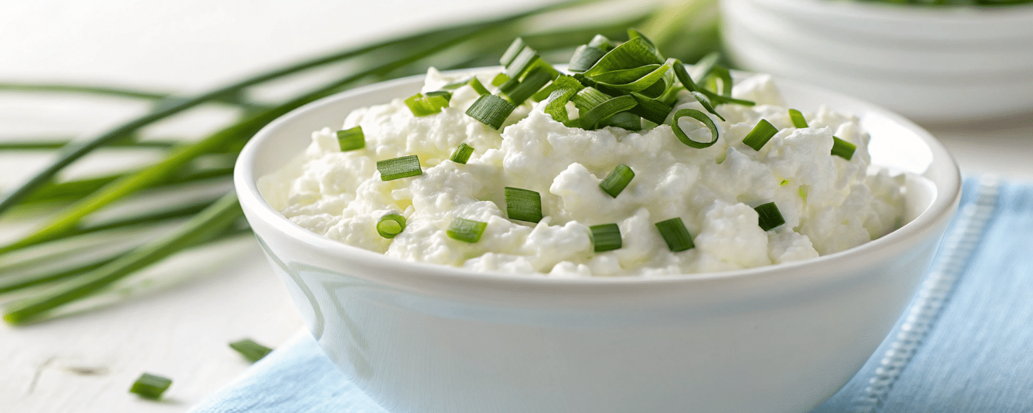 A bowl of creamy cottage cheese topped with green onions – a high-protein snack option.