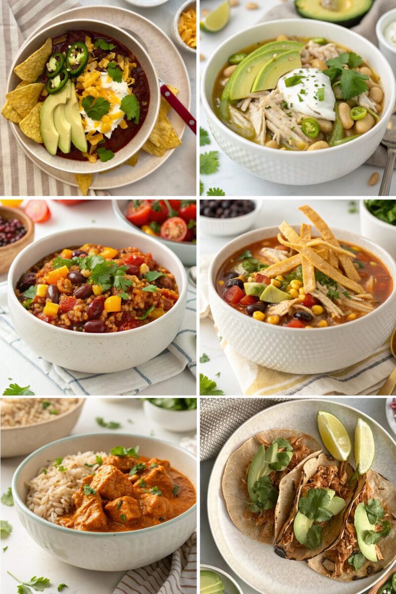 a collage of high protein crockpot meals including chili, chicken tacos, and butter chicken.