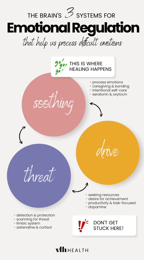 Visual representation of the brain's three emotional regulation systems: soothing, drive, and threat, essential for processing difficult emotions.