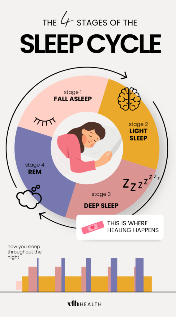 Infographic showing the 4 stages of the sleep cycle: fall asleep, light sleep, deep sleep, and REM, with deep sleep marked as the healing stage.