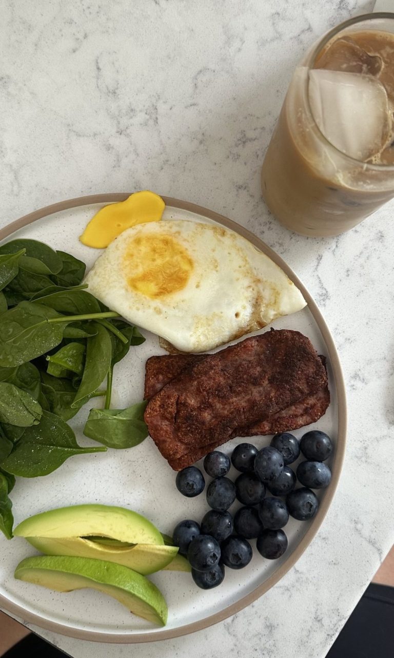 a high protein low carb plate of eggs, turkey bacon, and avocado