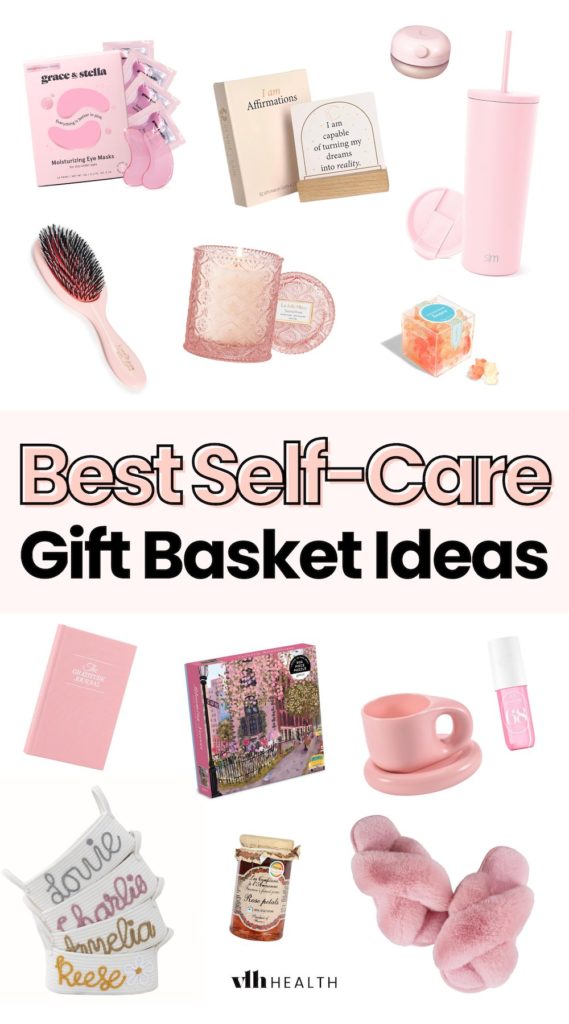 Pink-themed self care basket with eye masks, affirmations, candle, tumbler, and cozy items for a thoughtful self care package.