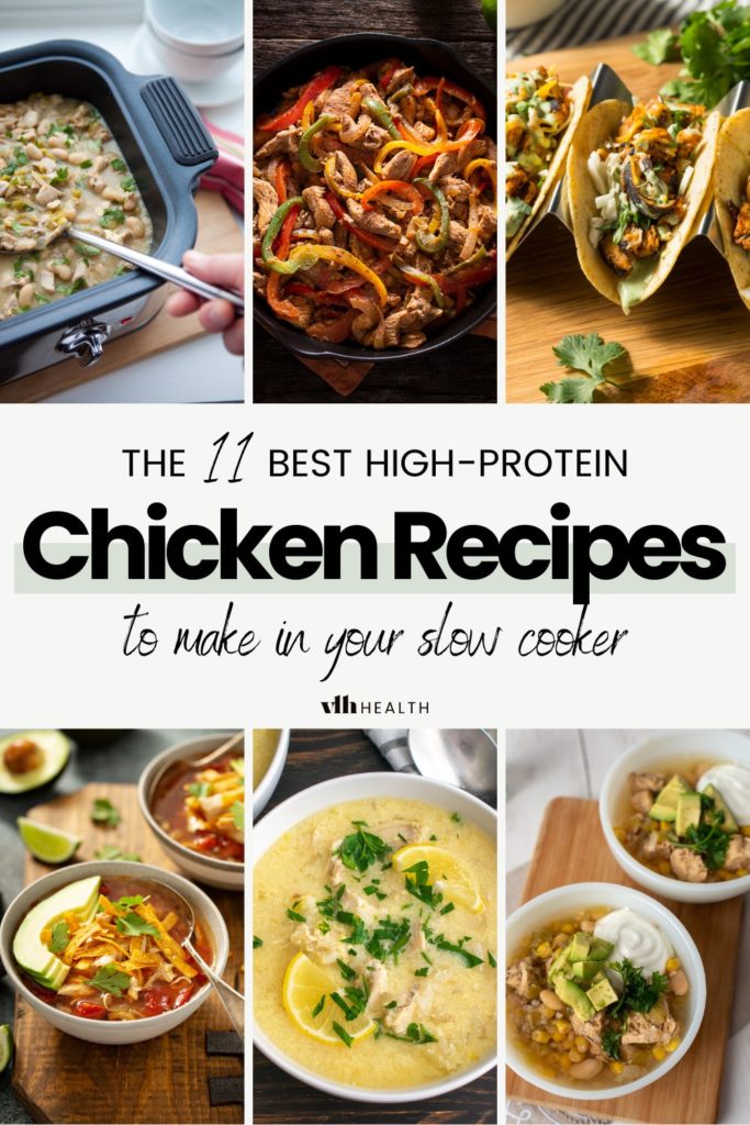 11 high-protein Crockpot chicken recipes for easy and healthy meals, including chicken breast, shredded chicken, and chicken thighs for meal prep.