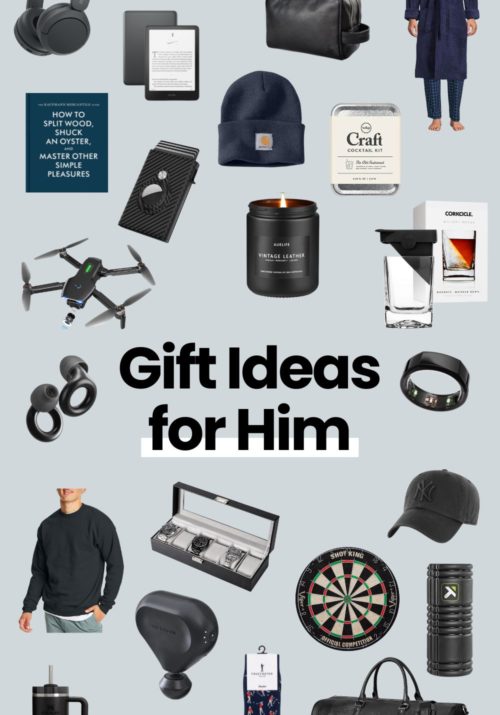 collage of gift ideas for him including the oura ring, stanley water bottle, dart board and more.