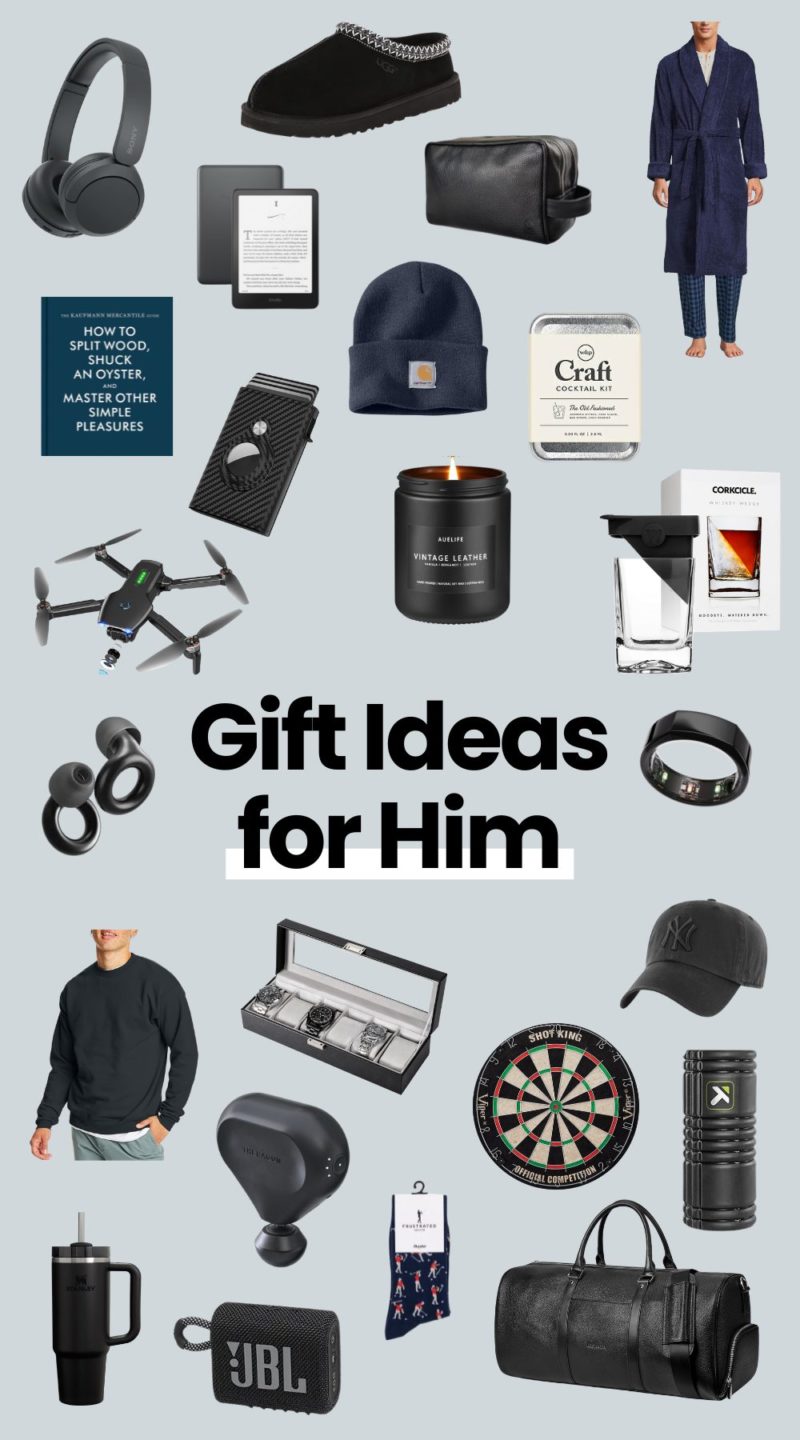 collage of gift ideas for him including the oura ring, stanley water bottle, dart board and more.