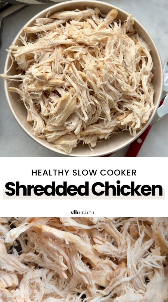 a pinnable image of the slow cooker shredded chicken