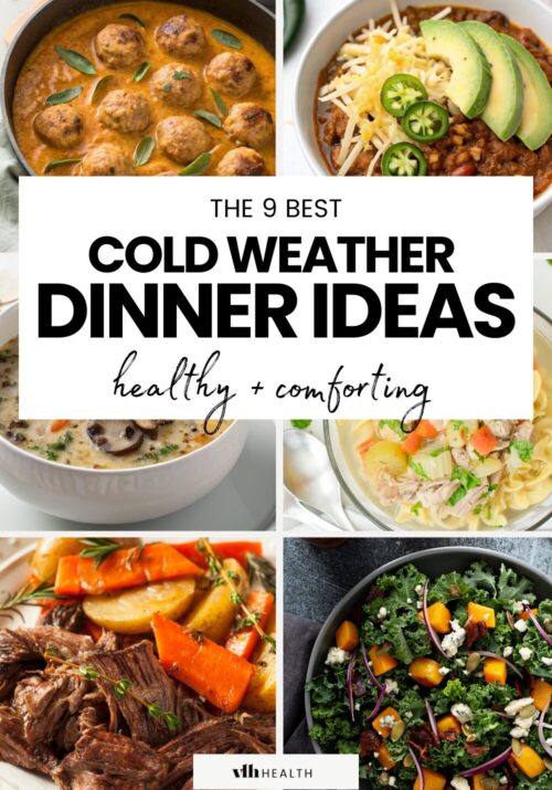 collage of 9 cold weather dinner ideas including turkey meatballs in a pumpkin sage sauce and slow cooker pot roast