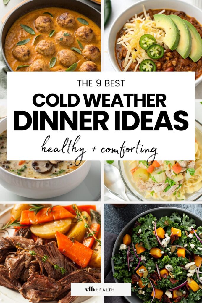 collage of 9 cold weather dinner ideas including turkey meatballs in a pumpkin sage sauce and slow cooker pot roast