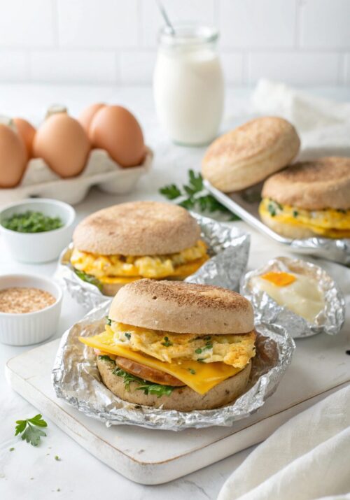 Freezer egg sandwiches which make excellent high protein breakfast meal prep options