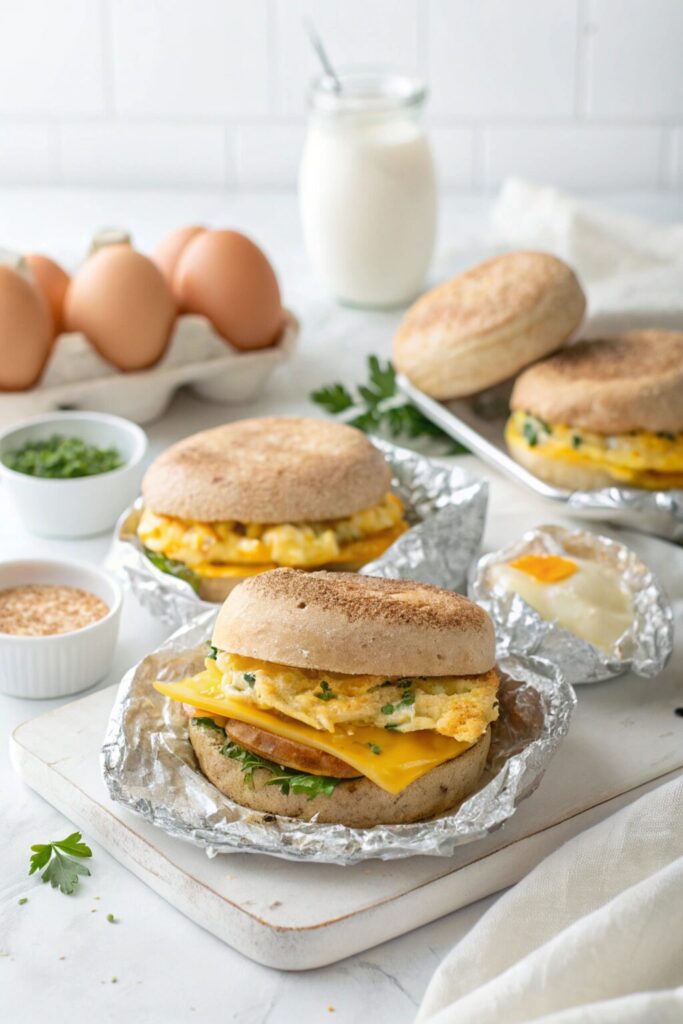 Freezer egg sandwiches which make excellent high protein breakfast meal prep options