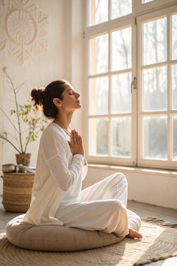 A young woman dressed in all white doing one of her somatic exercises for anxiety