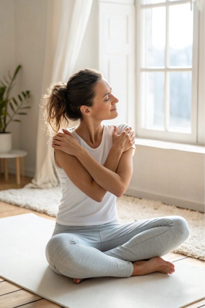 A young woman doing a butterfly hug as part of her somatic exercises for trauma