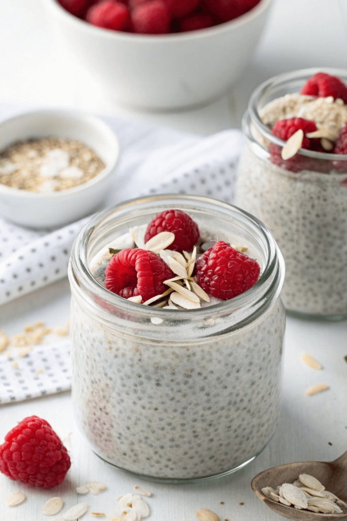 Low-carb chia pudding made with almond milk, topped with fresh raspberries and sliced almonds in a glass jar. A healthy low-carb breakfast idea with less than 5 grams of net carbs, styled on a white background.