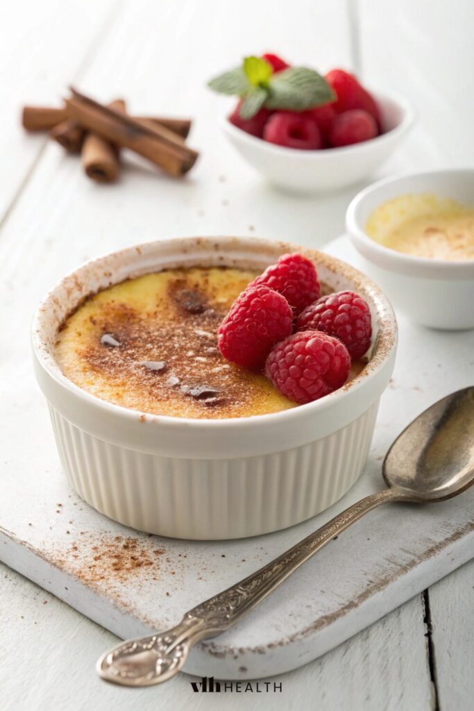 A delicious and creamy baked yogurt dish sprinkled with cinnamon and topped with raspberries. This low-calorie breakfast recipe is perfect for calorie deficit meals and a high-protein low-calorie breakfast.