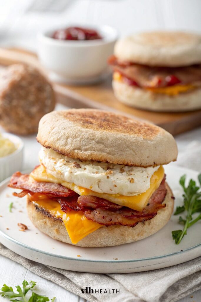 A high-protein, low-calorie breakfast sandwich with egg whites, turkey bacon, and cheese on a whole-grain English muffin. Perfect for a calorie deficit breakfast or a quick low-calorie breakfast meal prep option.