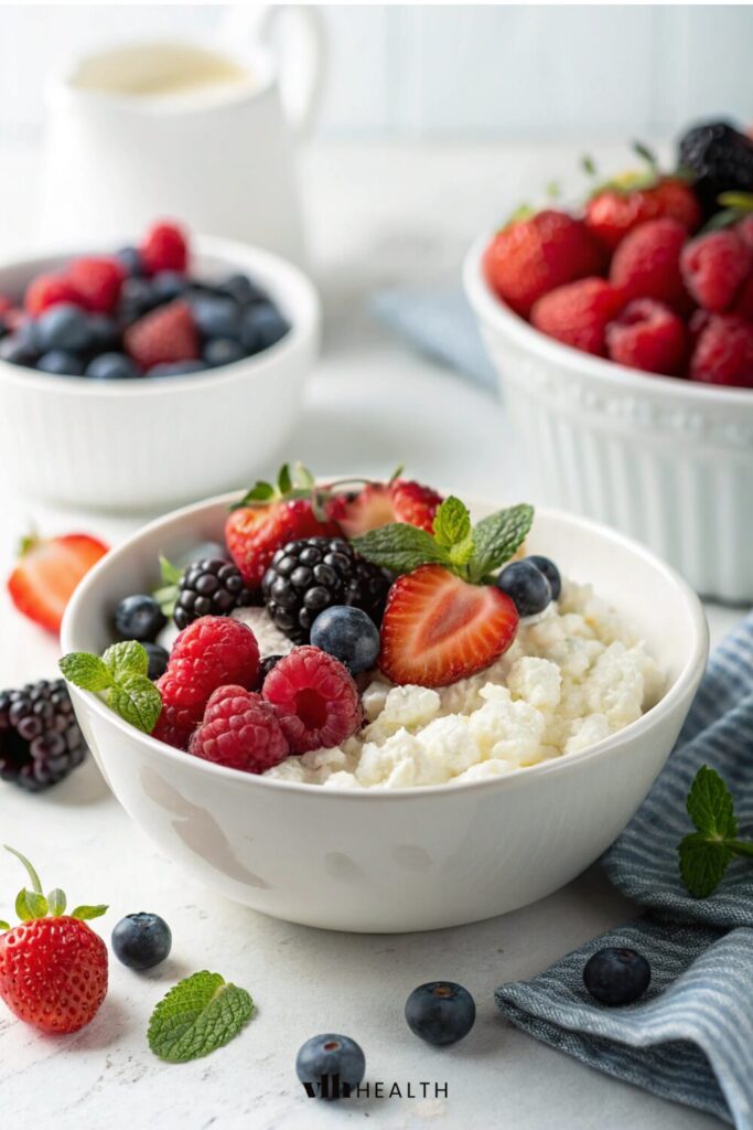 A creamy cottage cheese bowl topped with fresh strawberries, blackberries, and blueberries, ideal for a high-protein low-calorie breakfast. This nutrient-dense meal is great for those looking for low-calorie breakfast ideas or high-protein low-calorie meals.