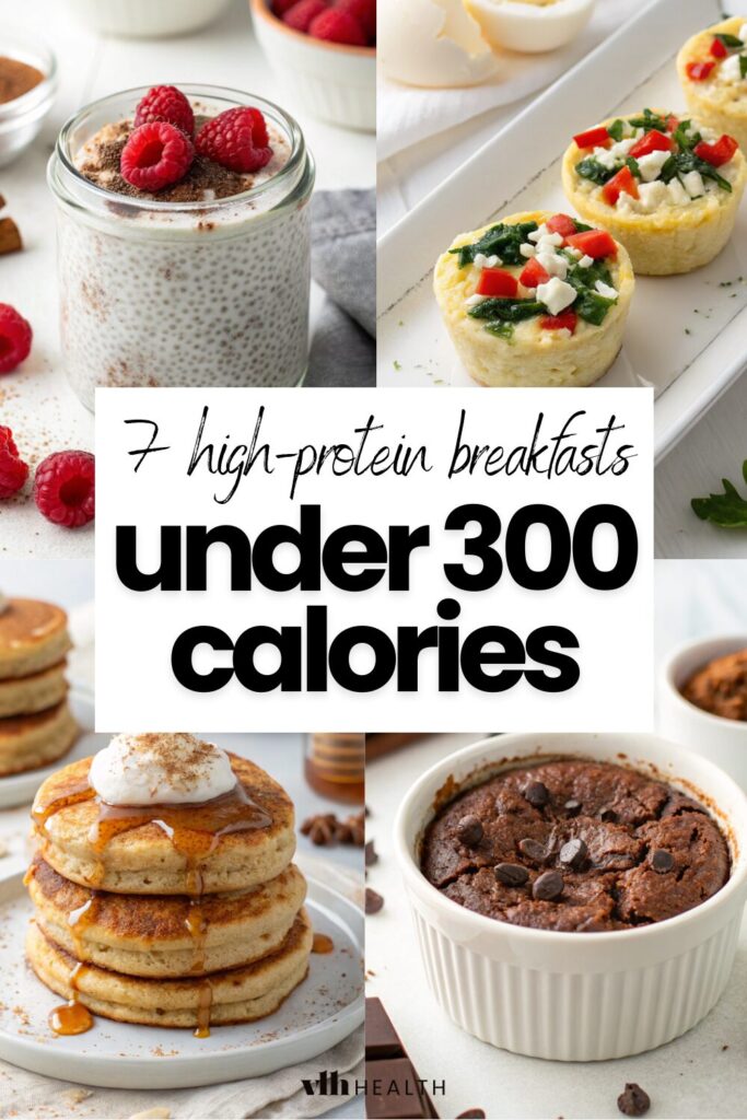 a pinnable image showing 4 high protein low calorie breakfast ideas