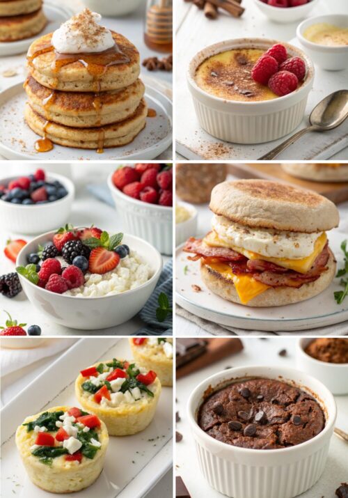 A collage featuring 6 high-protein low-calorie breakfast ideas, including protein pancakes, baked yogurt, cottage cheese with berries, an egg white breakfast sandwich, egg white bites, and chocolate baked oats. These meals are perfect for a calorie deficit breakfast, meal prep, and low-calorie breakfast ideas.