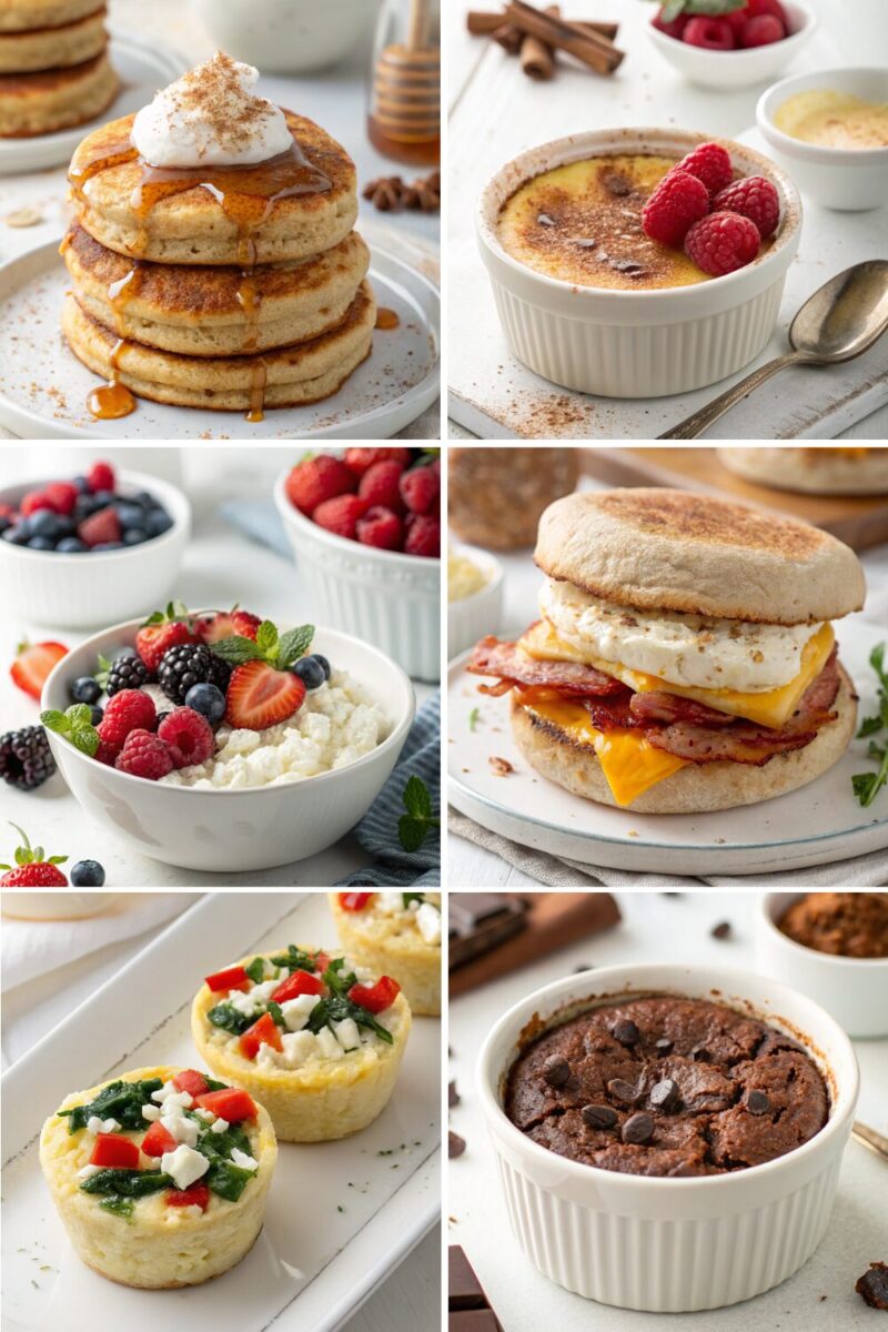 A collage featuring 6 high-protein low-calorie breakfast ideas, including protein pancakes, baked yogurt, cottage cheese with berries, an egg white breakfast sandwich, egg white bites, and chocolate baked oats. These meals are perfect for a calorie deficit breakfast, meal prep, and low-calorie breakfast ideas.