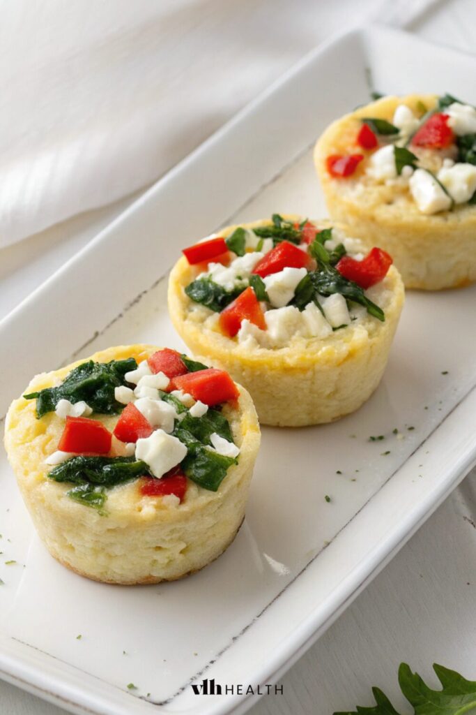 Fluffy egg white bites with bell pepper, spinach, and feta cheese on a white plate. This low-calorie breakfast meal is ideal for meal prep and fits well into a calorie deficit breakfast plan.