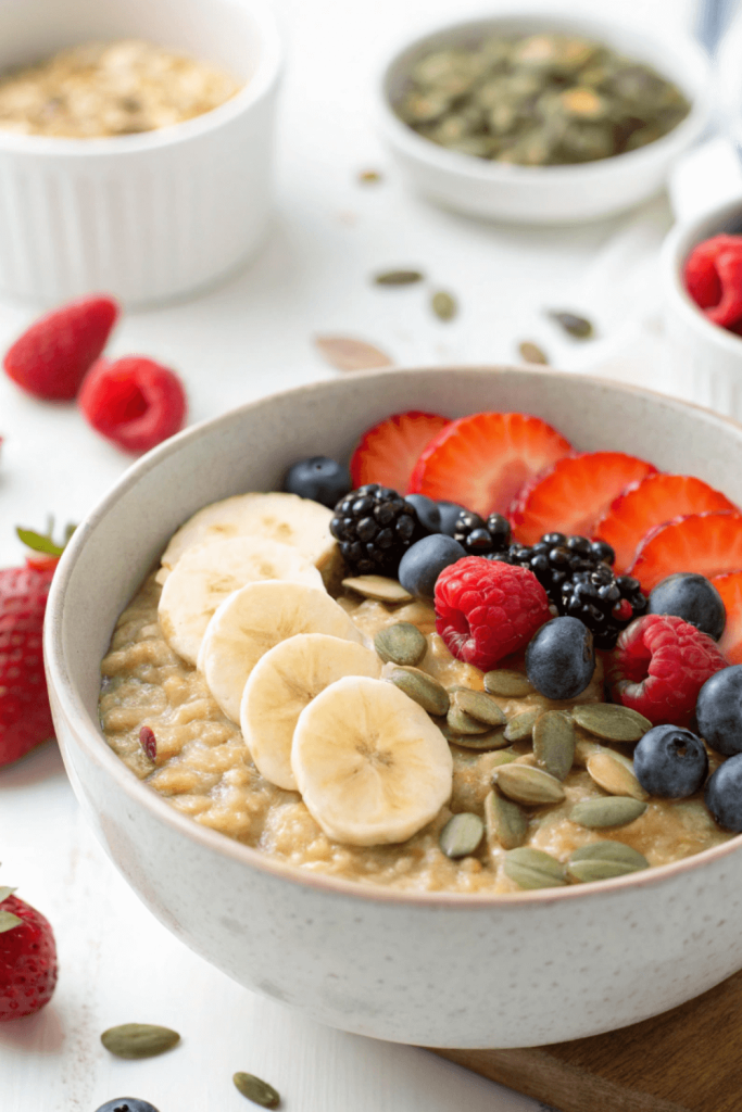 Creamy vegan oatmeal in a speckled ceramic bowl topped with banana slices, fresh berries, pumpkin seeds, and strawberries. A nutritious high-protein vegan breakfast recipe with colorful toppings.
