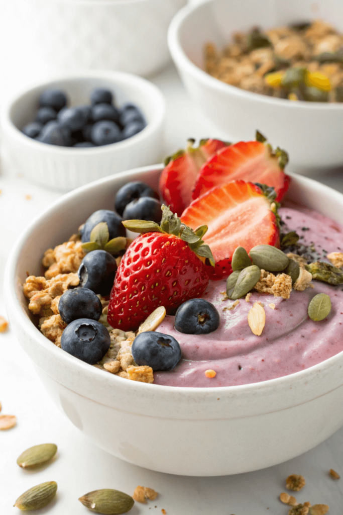White bowl of thick purple vegan yogurt made from blended tofu and berries, topped with fresh blueberries, strawberries, granola, and pumpkin seeds. A quick high-protein plant-based breakfast.