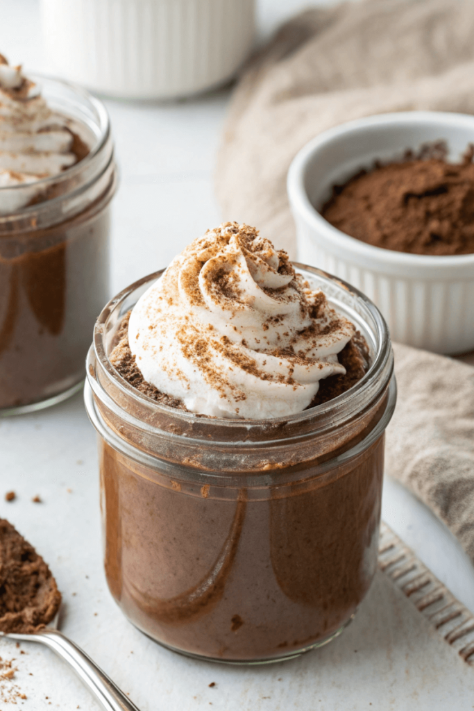 Glass jar filled with smooth chocolate chia seed pudding topped with a swirl of coconut whipped cream and sprinkled with cocoa powder. A decadent high-protein vegan breakfast or snack with rich chocolate flavor.