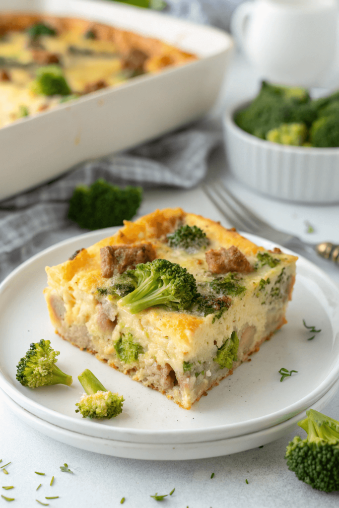 Slice of low-carb breakfast casserole made with eggs, sausage, cheese, and broccoli on a white plate. A healthy low-carb breakfast meal prep idea high in protein and perfect for busy mornings.
