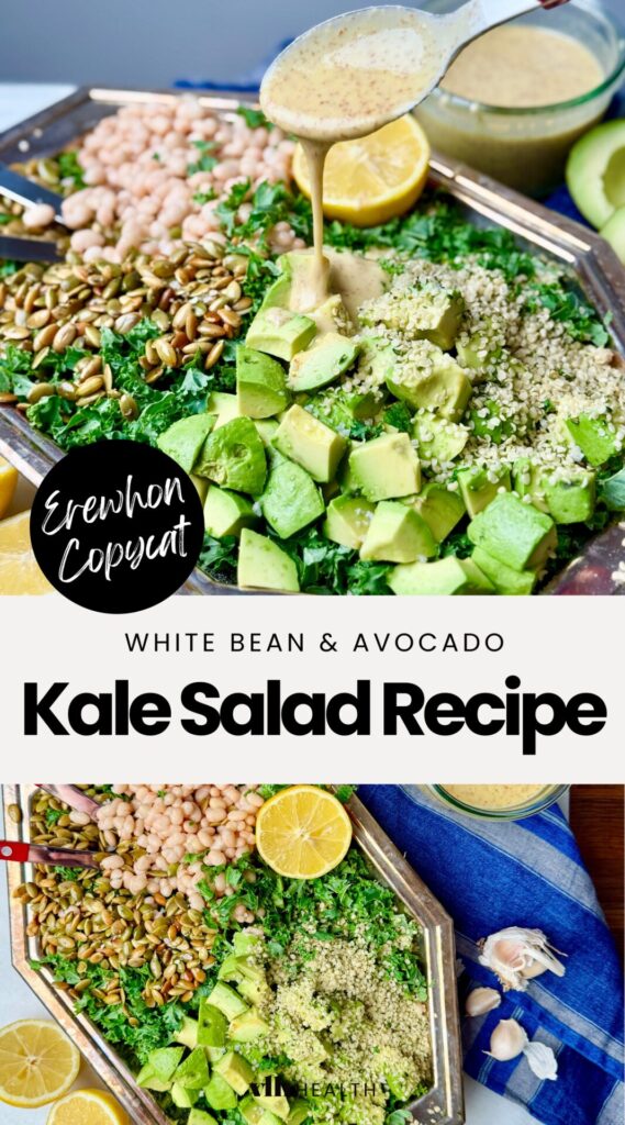 a pinnable image featuring the famous erewhone kale white bean salad