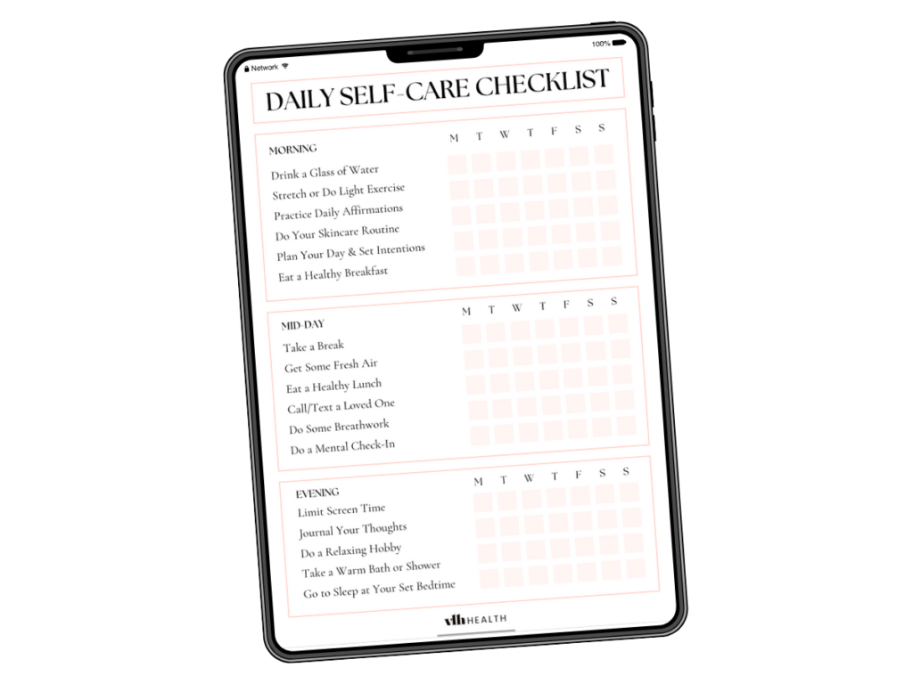 daily self-care checklist template on an ipad screen. Download the 	daily self care checklist printable by clicking image