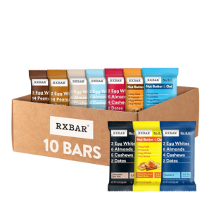 RXBAR variety pack with flavors like peanut butter, blueberry, and chocolate sea salt. Made with simple ingredients and 12g protein per bar.