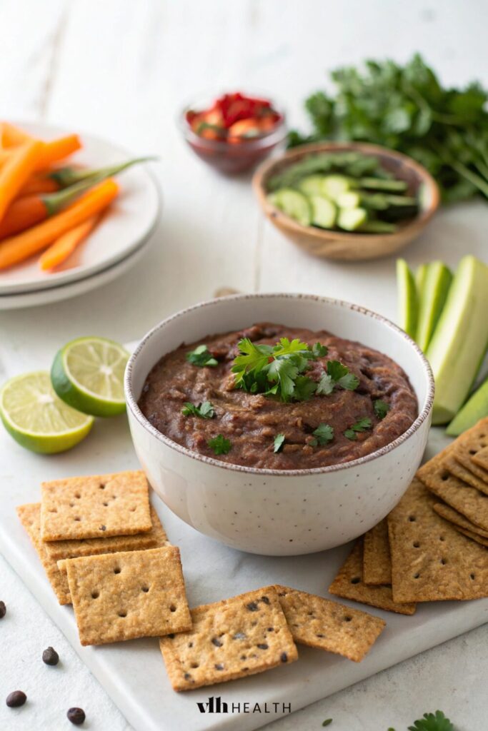 A bowl of creamy black bean dip garnished with fresh cilantro, served with whole-grain crackers, carrot sticks, and cucumber slices.