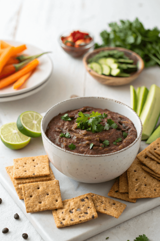 A bowl of creamy black bean dip garnished with fresh cilantro, served with whole-grain crackers, carrot sticks, and cucumber slices.