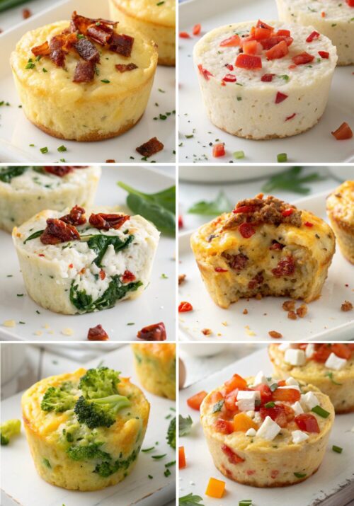 A variety of high-protein egg bite recipe ideas, including bacon & gruyère, egg white & roasted red pepper, spinach & feta, and more, displayed on a white background.