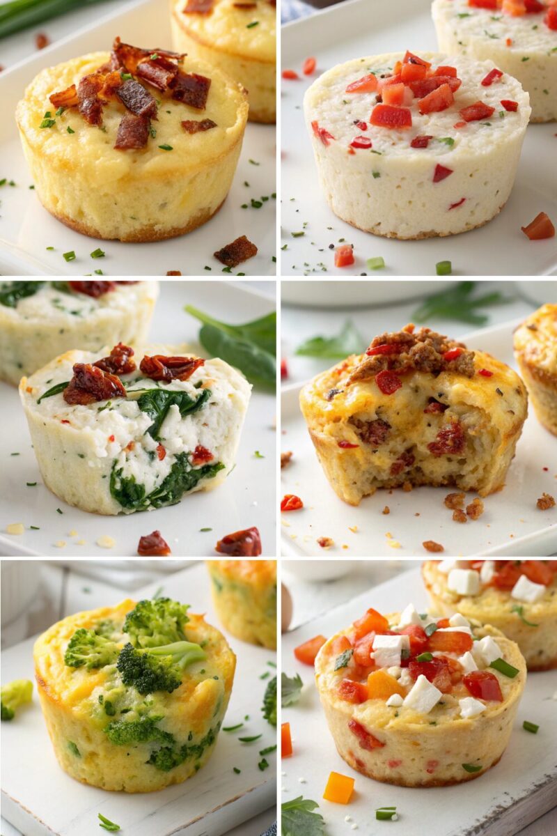 A variety of high-protein egg bite recipe ideas, including bacon & gruyère, egg white & roasted red pepper, spinach & feta, and more, displayed on a white background.