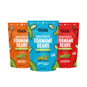 The Only Bean’s crunchy roasted edamame beans in Buffalo, Sea Salt, and Sriracha flavors. 14g protein per serving.