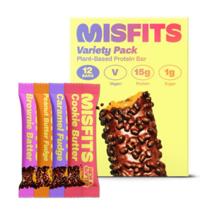 Misfits variety pack of plant-based protein bars with flavors like brownie batter, peanut butter fudge, and cookie butter. 15g protein per bar.